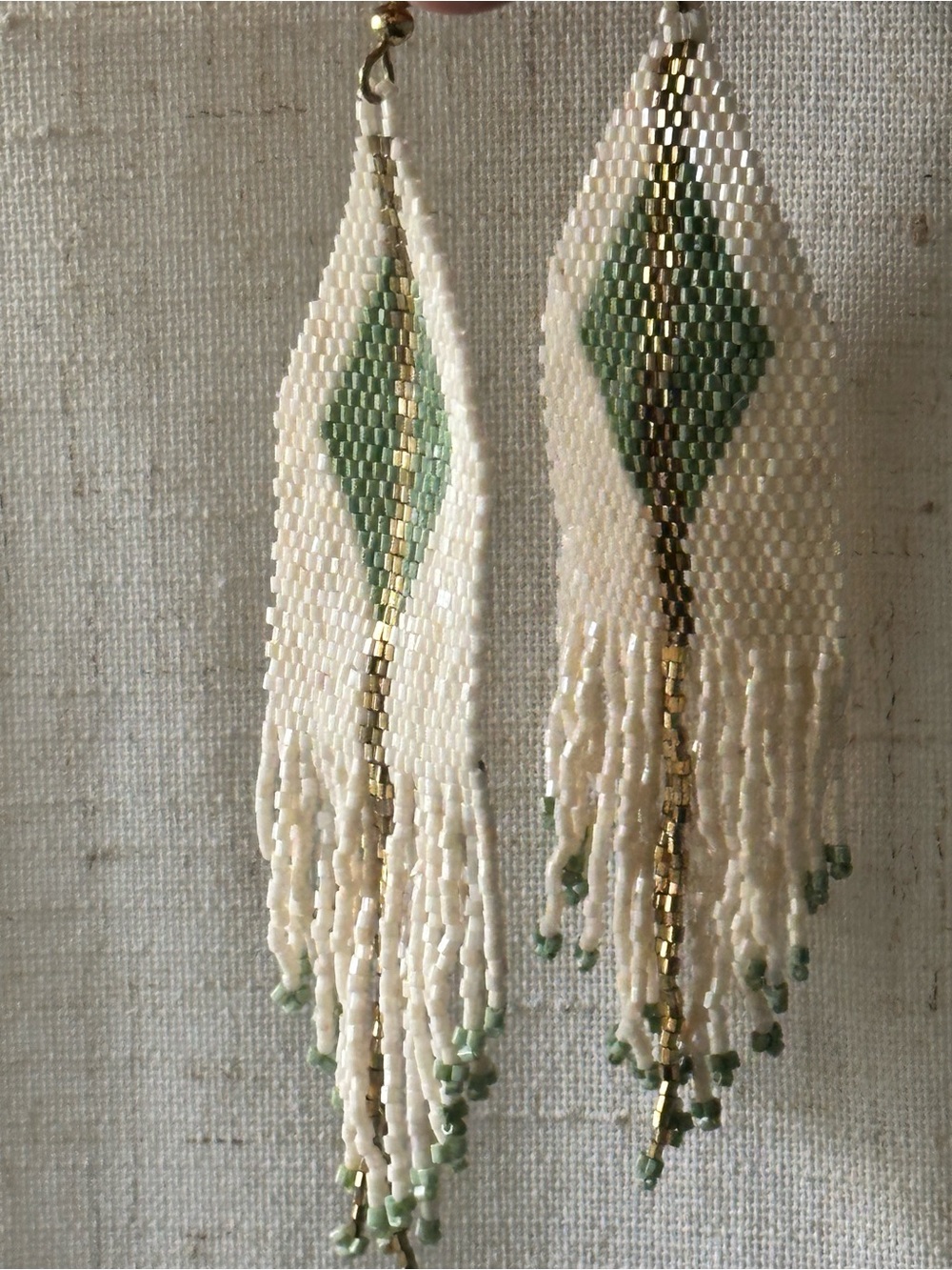 Handmade Ivory and Green Beaded Fringe Earrings